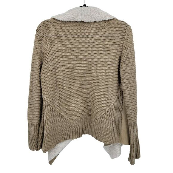 Boho Cardigan M Tan Sherpa Faux Suede Open Waterfall Large Collar Country Vegan - Picture 6 of 9